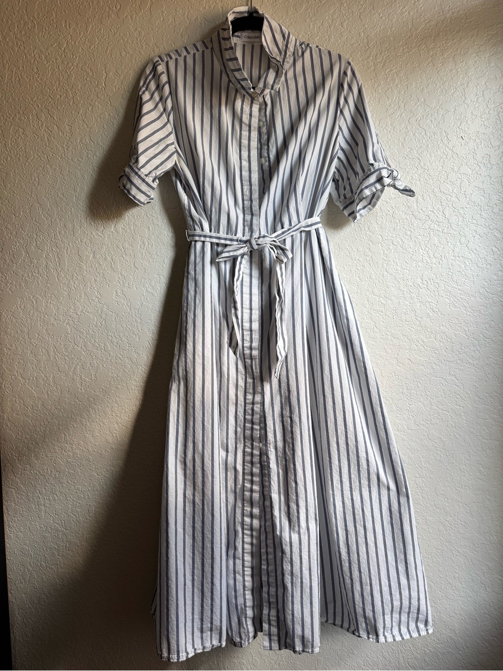 Calvin Klein White Maxi Shirt Dress with Navy Stripes